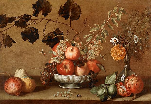 Peintre actif en Lombardie entre 1620 et 1630 | Natura morta con mele e uva  in una coppa, fiori in un vaso, cedri, melograni, limoni verdi e insetti |  Galerie Canesso Paris | Painting detail